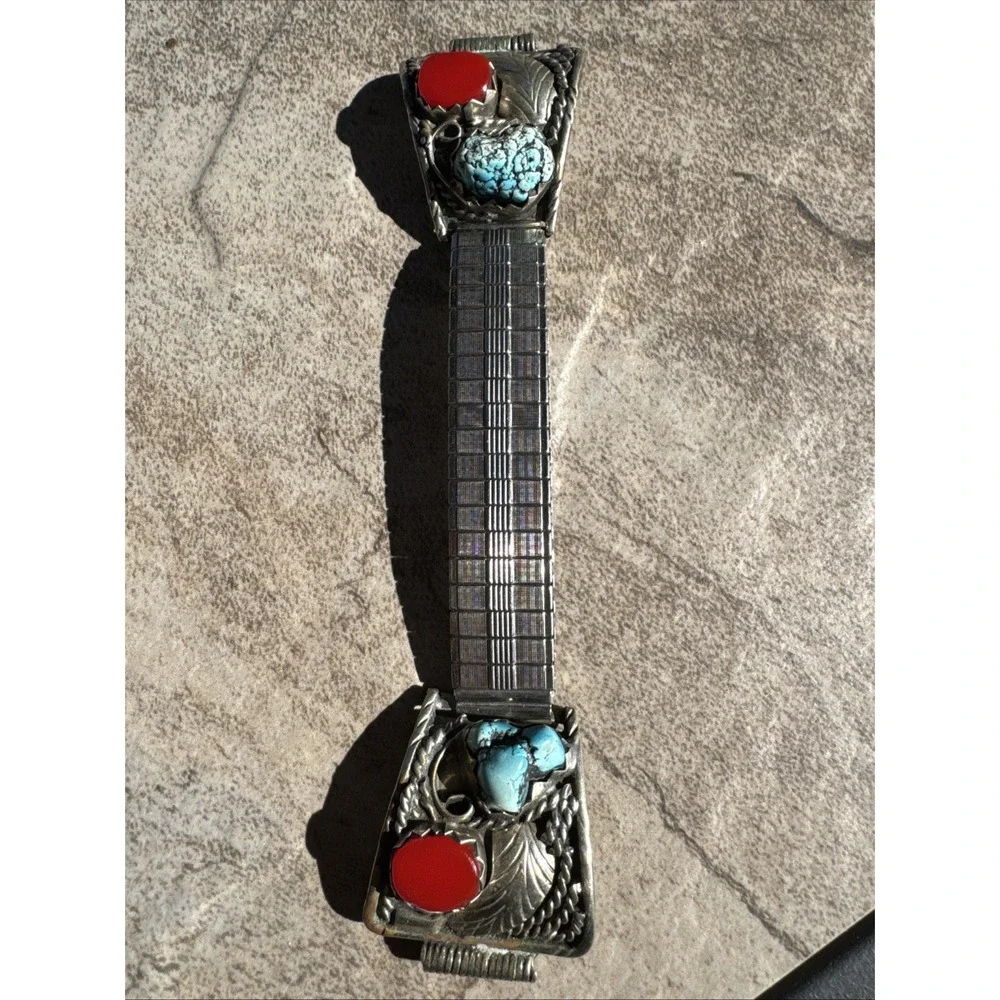 Vintage Native Sterling Silver Turquoise Coral Mens Watch Band